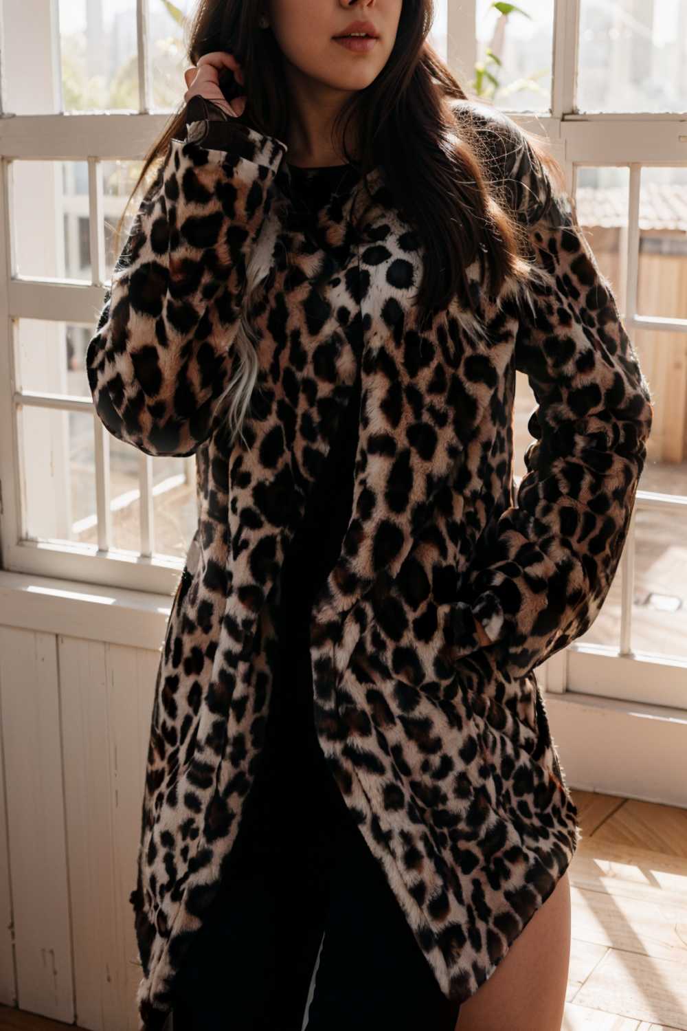 lapel leopard print faux fur long sleeve midi coat 122848