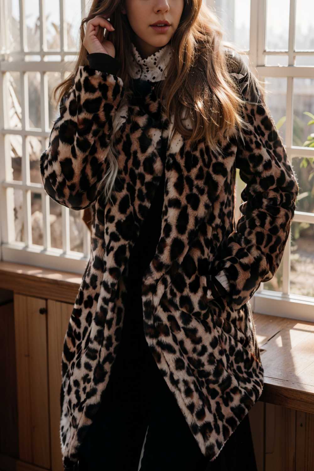 lapel leopard print faux fur long sleeve midi coat 122847