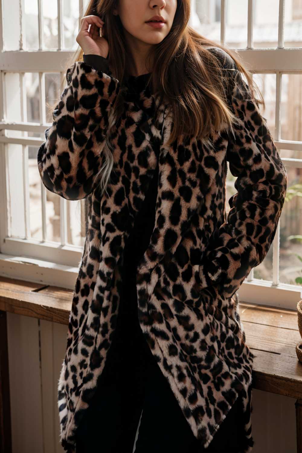 lapel leopard print faux fur long sleeve midi coat 122846