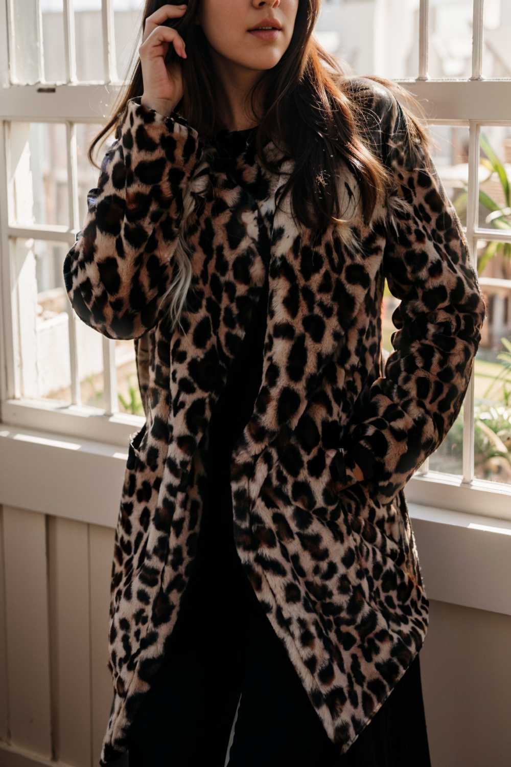 lapel leopard print faux fur long sleeve midi coat 122845