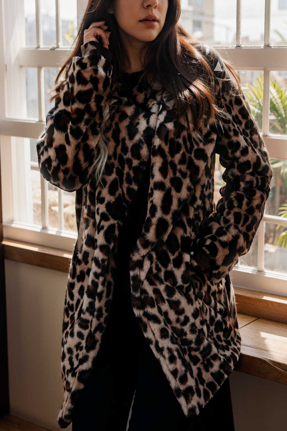 lapel leopard print faux fur long sleeve midi coat 122844