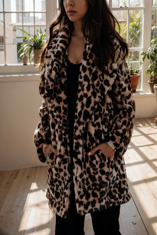 lapel leopard print faux fur long sleeve midi coat 107672
