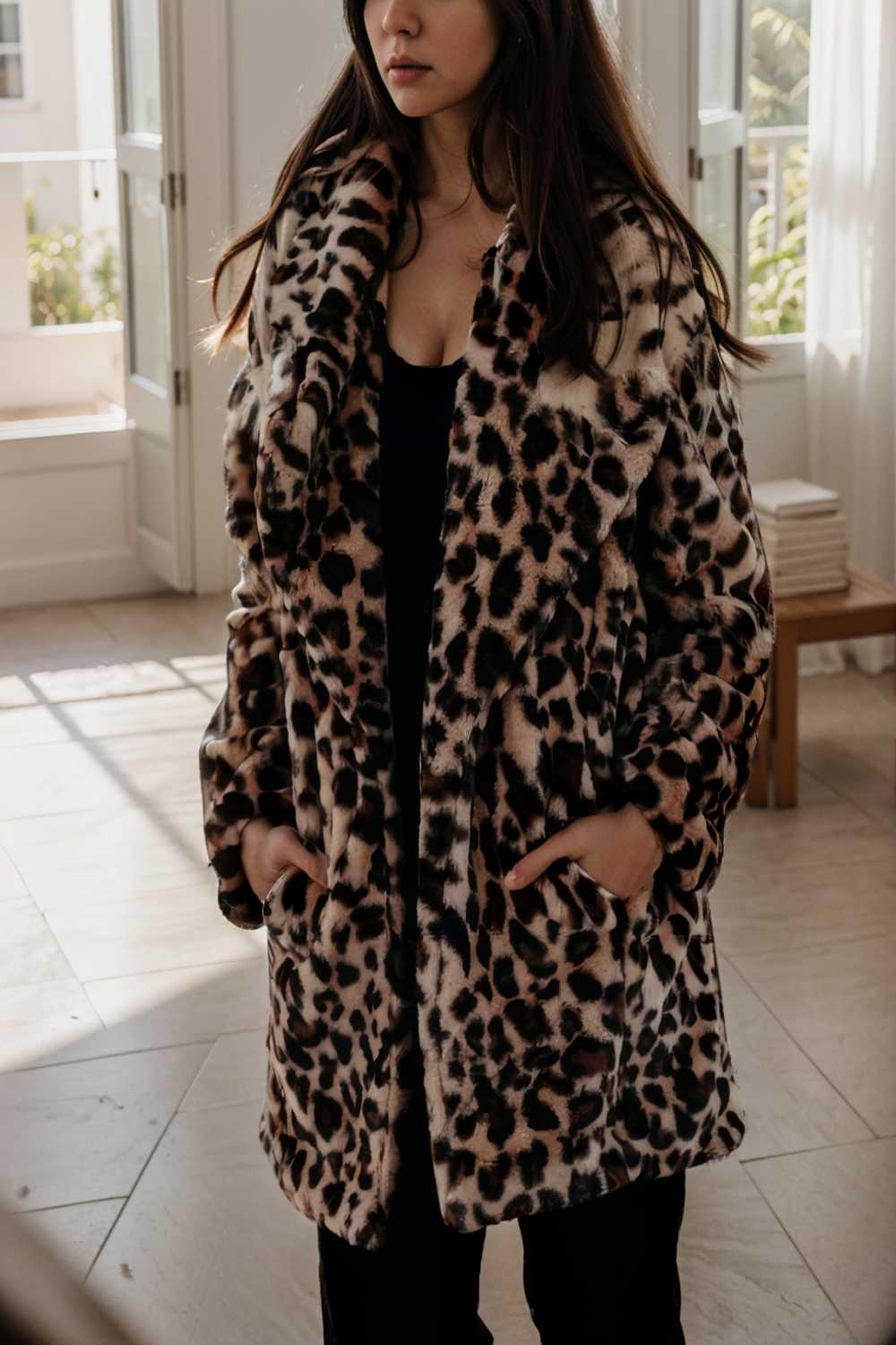 lapel leopard print faux fur long sleeve midi coat 122843