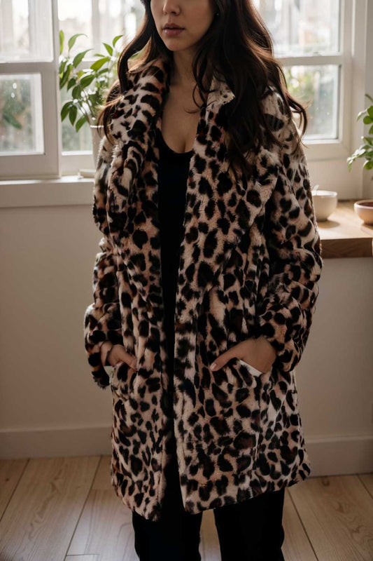 lapel leopard print faux fur long sleeve midi coat 111025