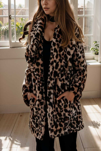 lapel leopard print faux fur long sleeve midi coat 109944