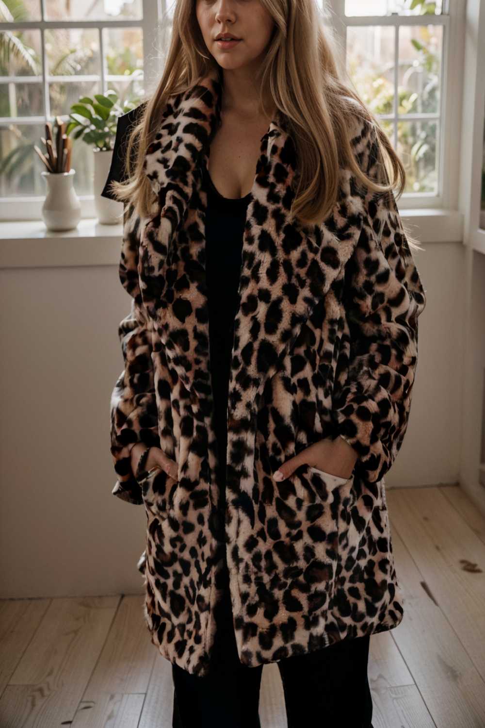 lapel leopard print faux fur long sleeve midi coat 109943