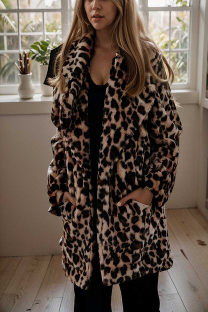 lapel leopard print faux fur long sleeve midi coat 109943