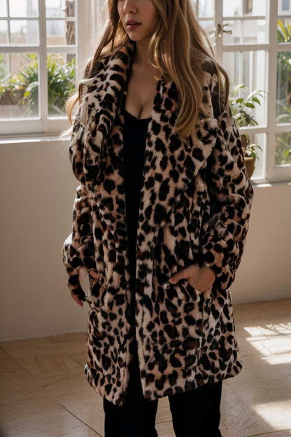 lapel leopard print faux fur long sleeve midi coat 122842