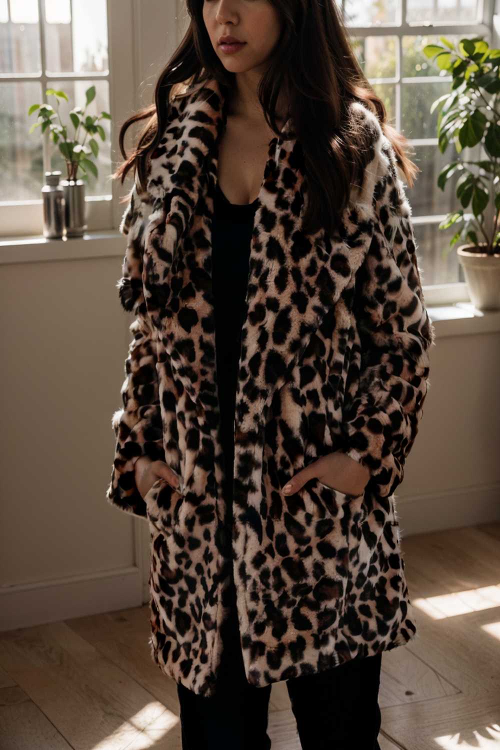 lapel leopard print faux fur long sleeve midi coat 109648