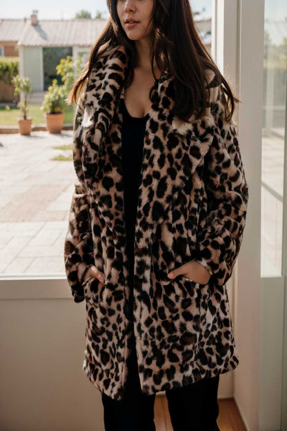 lapel leopard print faux fur long sleeve midi coat 109942