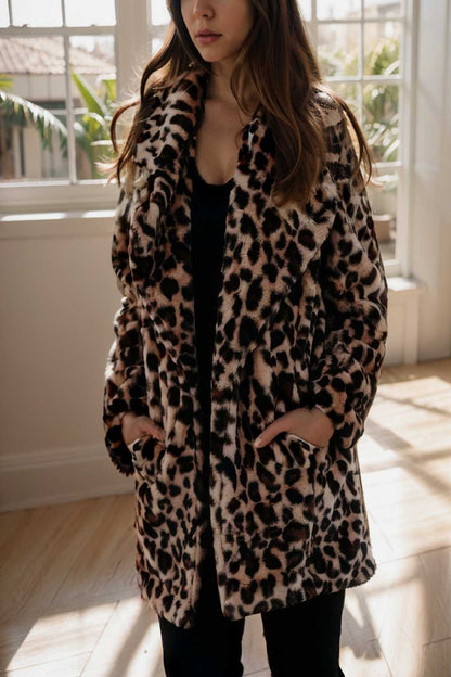 lapel leopard print faux fur long sleeve midi coat 122841