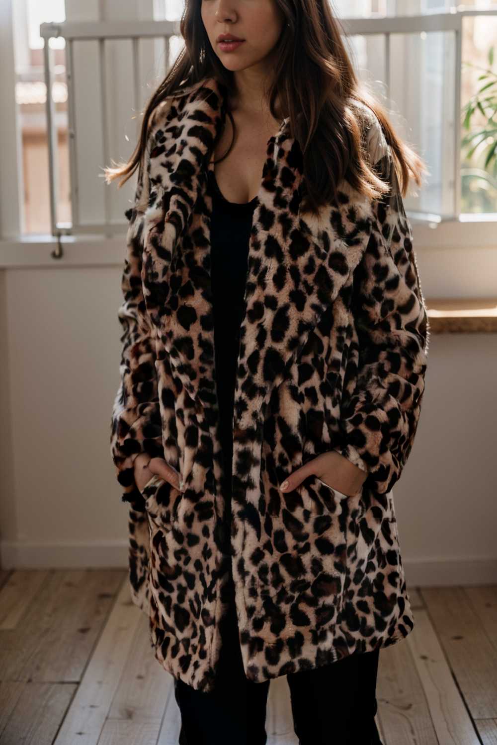 lapel leopard print faux fur long sleeve midi coat 122840