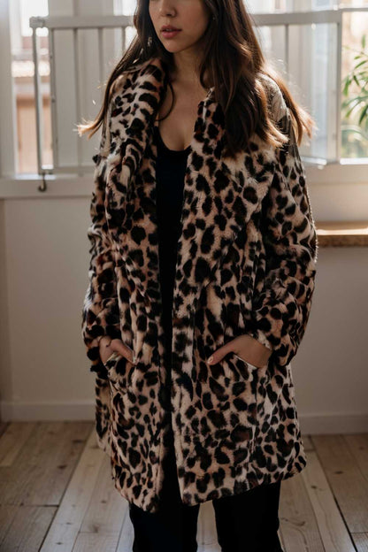 lapel leopard print faux fur long sleeve midi coat 122840