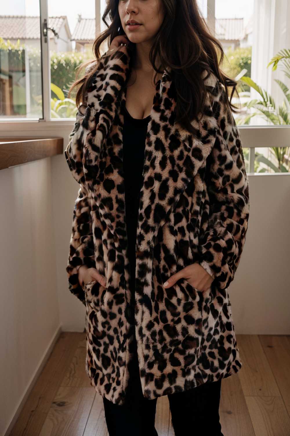 lapel leopard print faux fur long sleeve midi coat 109941