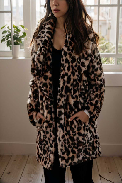 lapel leopard print faux fur long sleeve midi coat 109647
