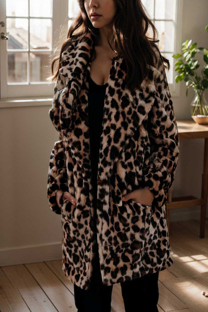 lapel leopard print faux fur long sleeve midi coat 122839