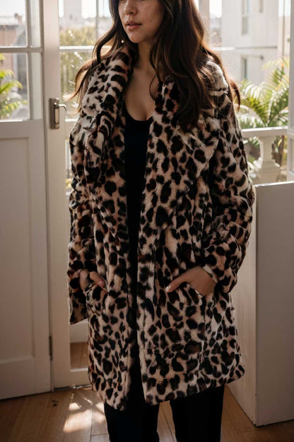 lapel leopard print faux fur long sleeve midi coat 109940