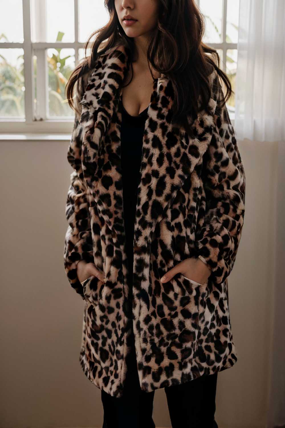 lapel leopard print faux fur long sleeve midi coat 109645