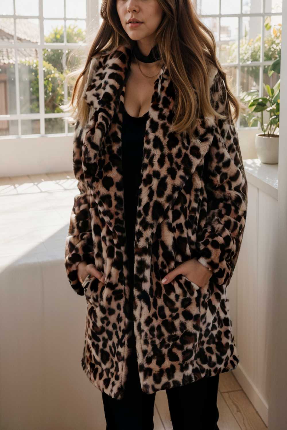 lapel leopard print faux fur long sleeve midi coat 109939