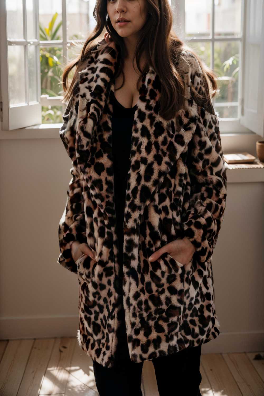 lapel leopard print faux fur long sleeve midi coat 109938