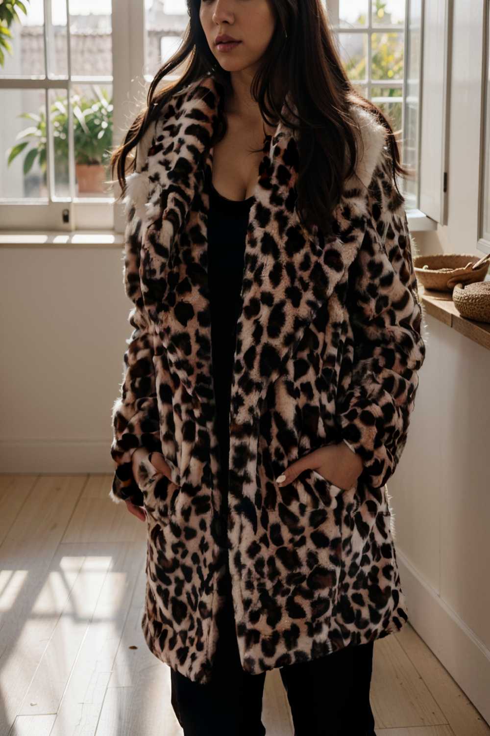 lapel leopard print faux fur long sleeve midi coat 122837