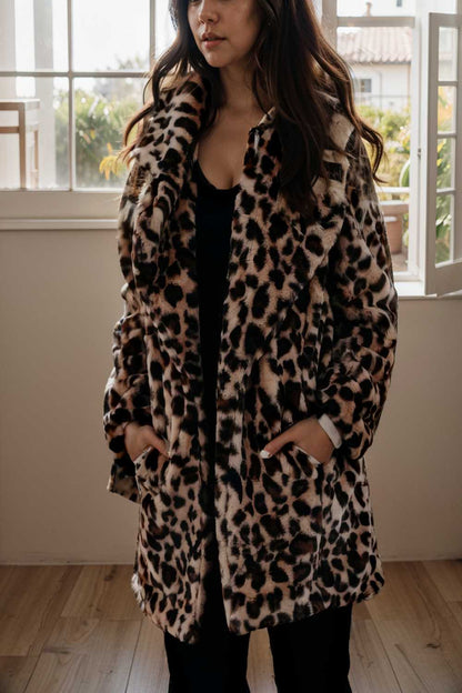 lapel leopard print faux fur long sleeve midi coat 109937