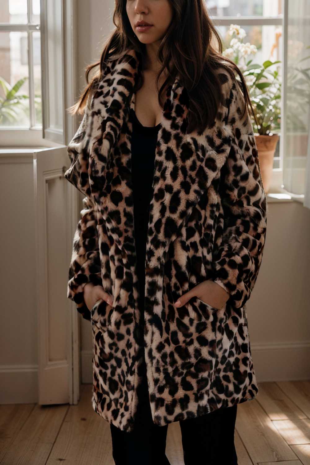 lapel leopard print faux fur long sleeve midi coat 122836