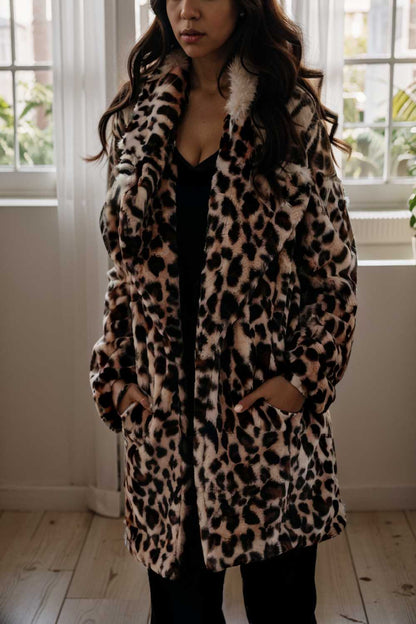 lapel leopard print faux fur long sleeve midi coat 122835