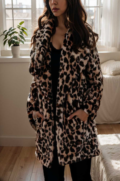 lapel leopard print faux fur long sleeve midi coat 109640