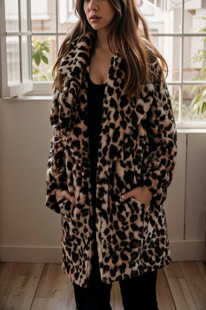 lapel leopard print faux fur long sleeve midi coat 109637