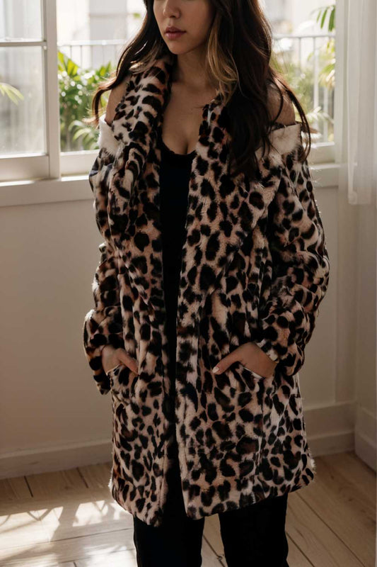 lapel leopard print faux fur long sleeve midi coat 105074
