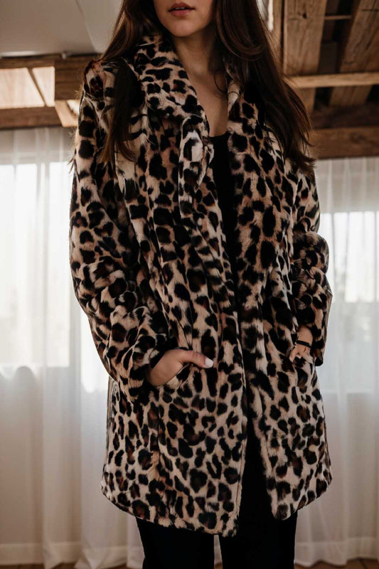 lapel leopard print faux fur long sleeve midi coat 111567