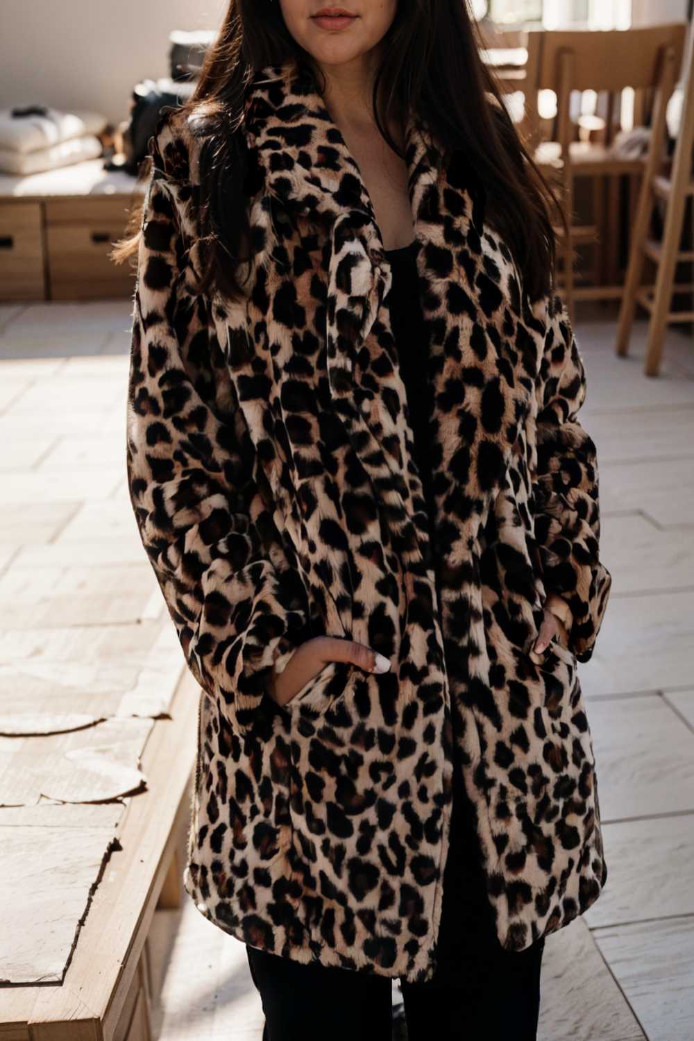 lapel leopard print faux fur long sleeve midi coat 109936