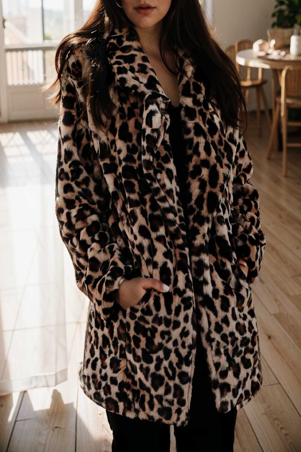 lapel leopard print faux fur long sleeve midi coat 122834