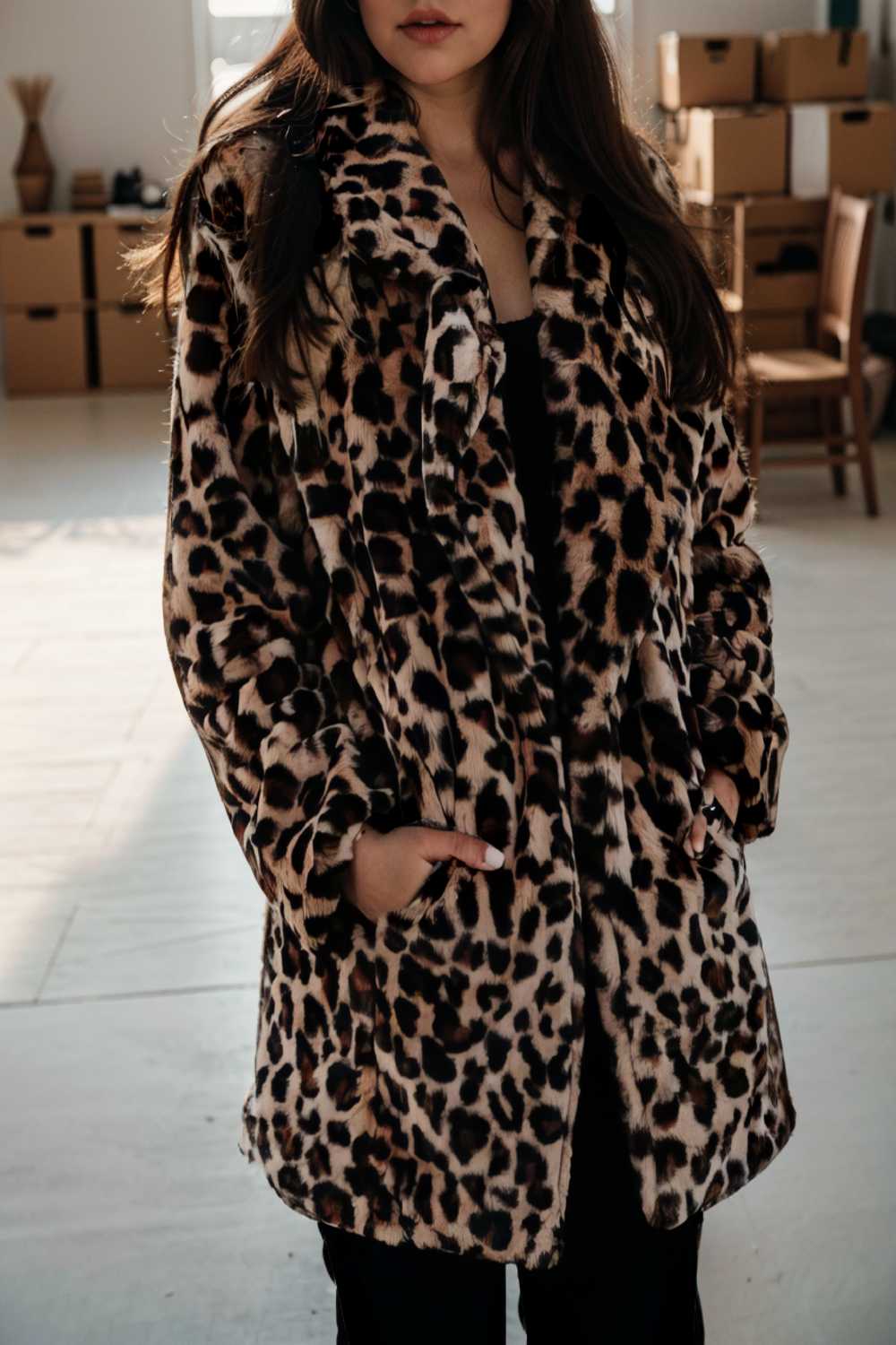 lapel leopard print faux fur long sleeve midi coat 109631