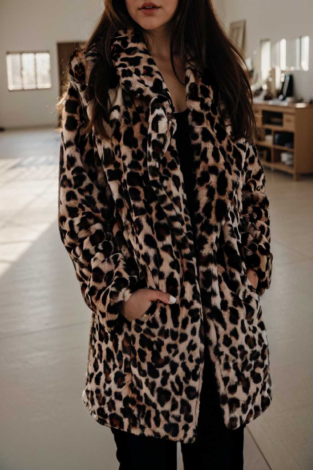 lapel leopard print faux fur long sleeve midi coat 122833