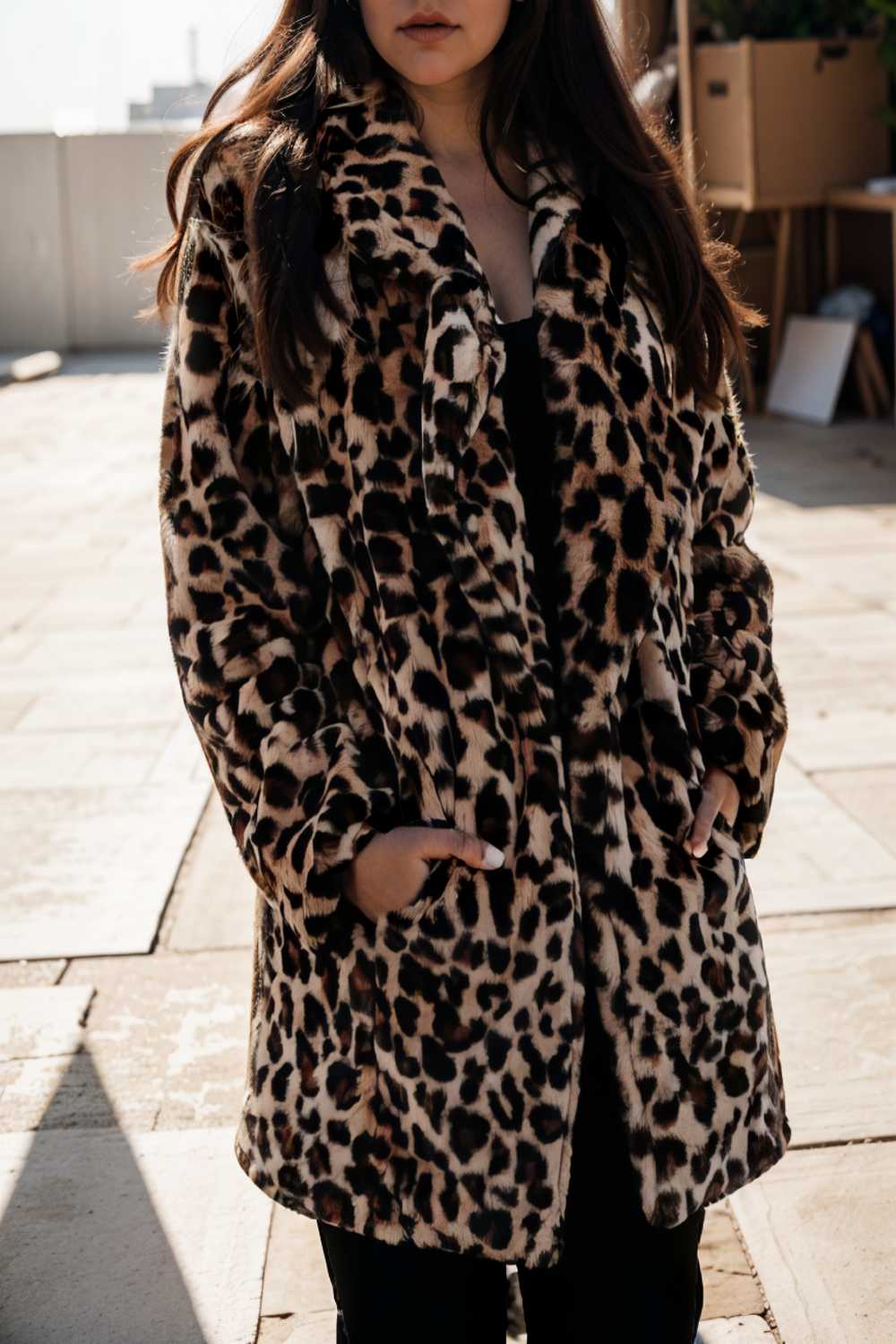 lapel leopard print faux fur long sleeve midi coat 122832