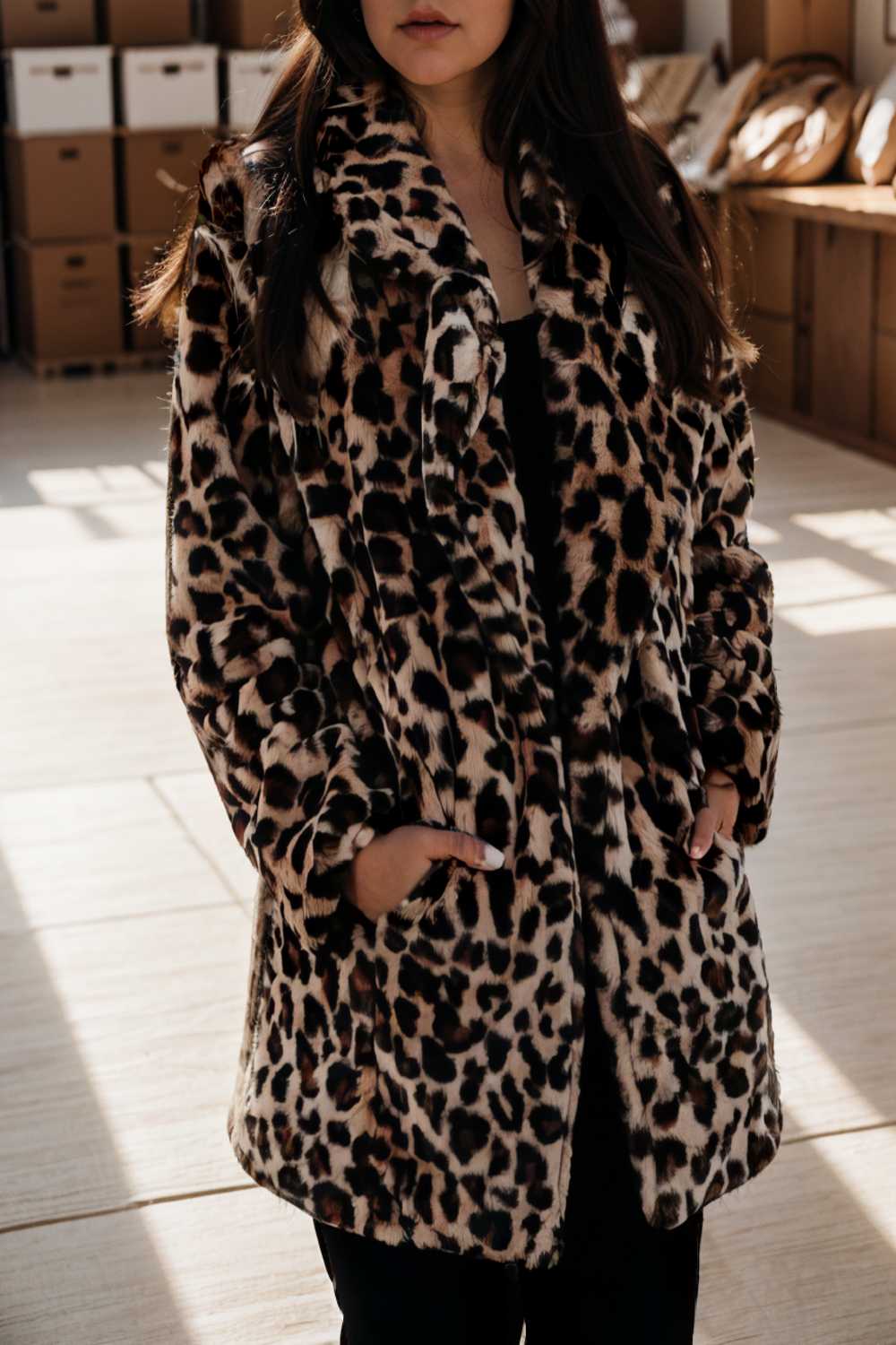 lapel leopard print faux fur long sleeve midi coat 122831