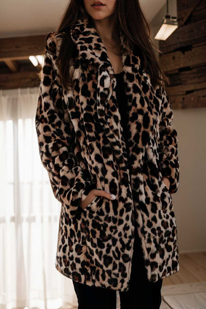 lapel leopard print faux fur long sleeve midi coat 109629