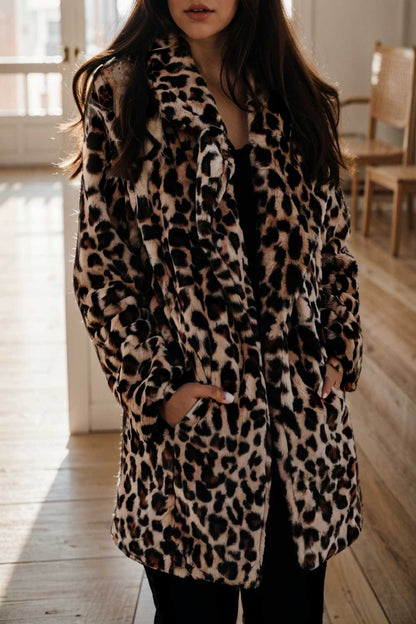 lapel leopard print faux fur long sleeve midi coat 110890