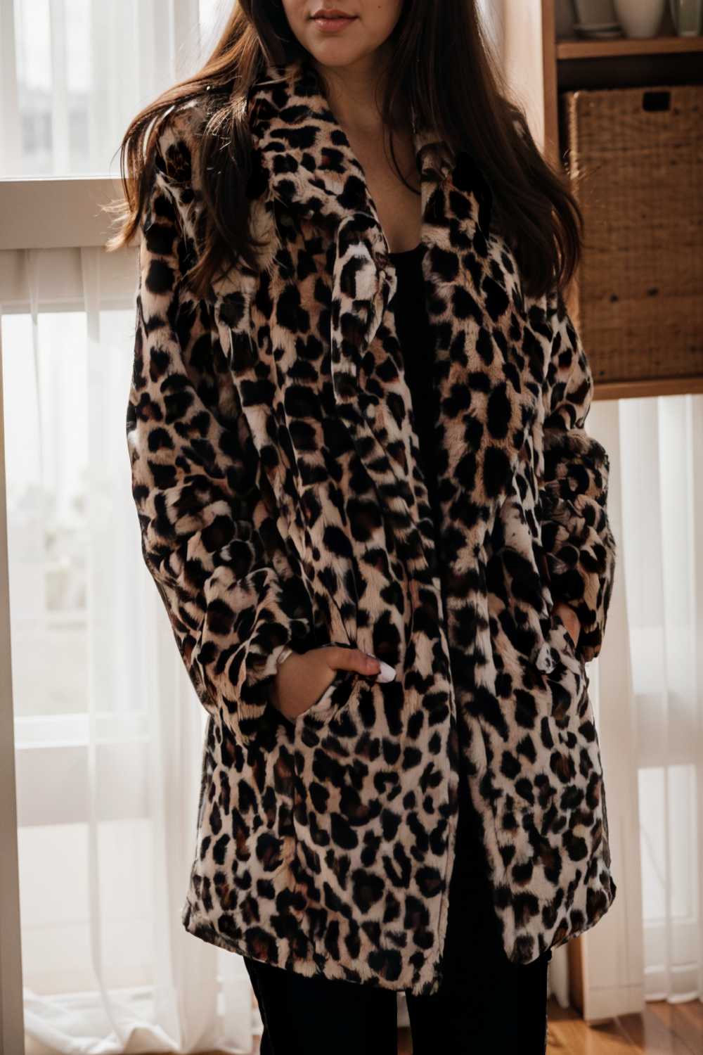 lapel leopard print faux fur long sleeve midi coat 109933