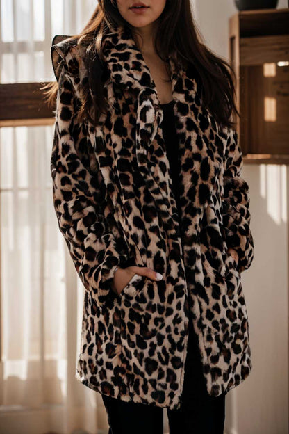 lapel leopard print faux fur long sleeve midi coat 109628