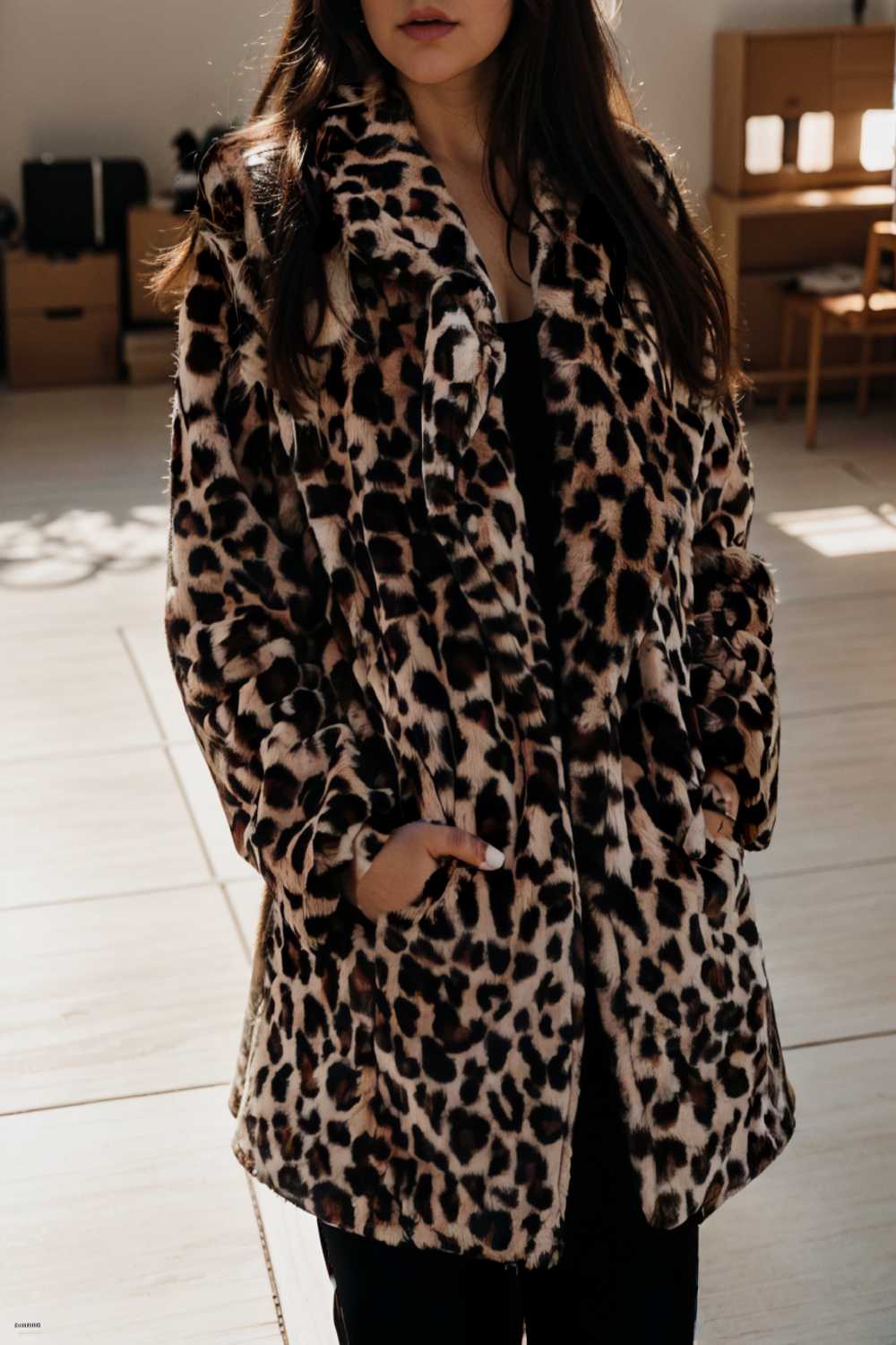 lapel leopard print faux fur long sleeve midi coat 122830