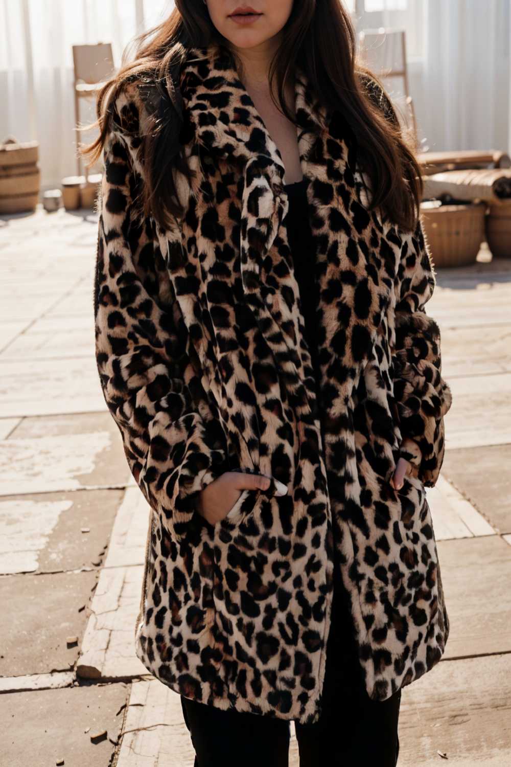 lapel leopard print faux fur long sleeve midi coat 122829