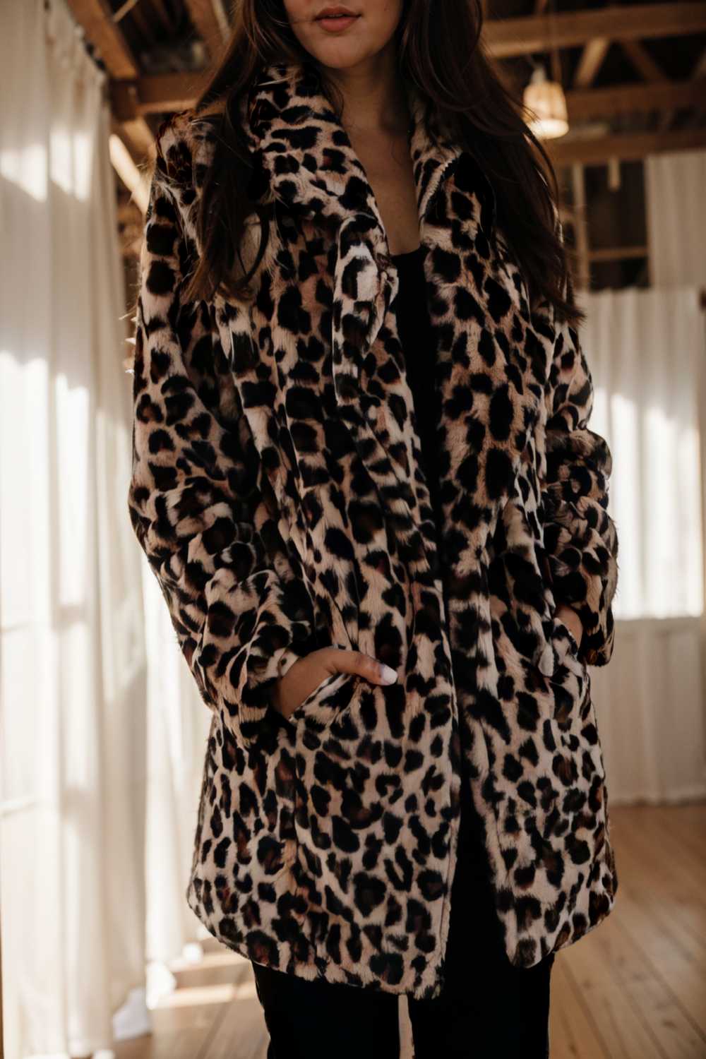 lapel leopard print faux fur long sleeve midi coat 109931