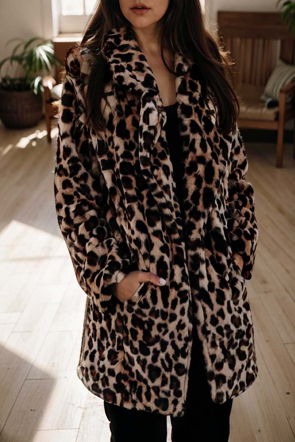lapel leopard print faux fur long sleeve midi coat 109627