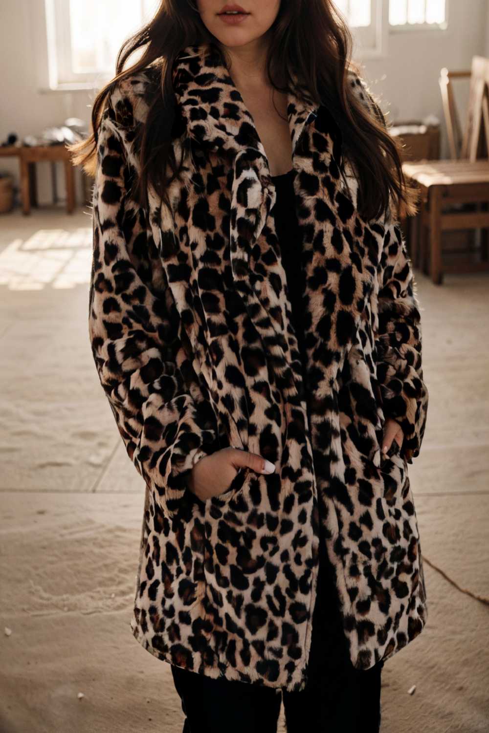 lapel leopard print faux fur long sleeve midi coat 109626
