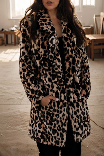 lapel leopard print faux fur long sleeve midi coat 109626