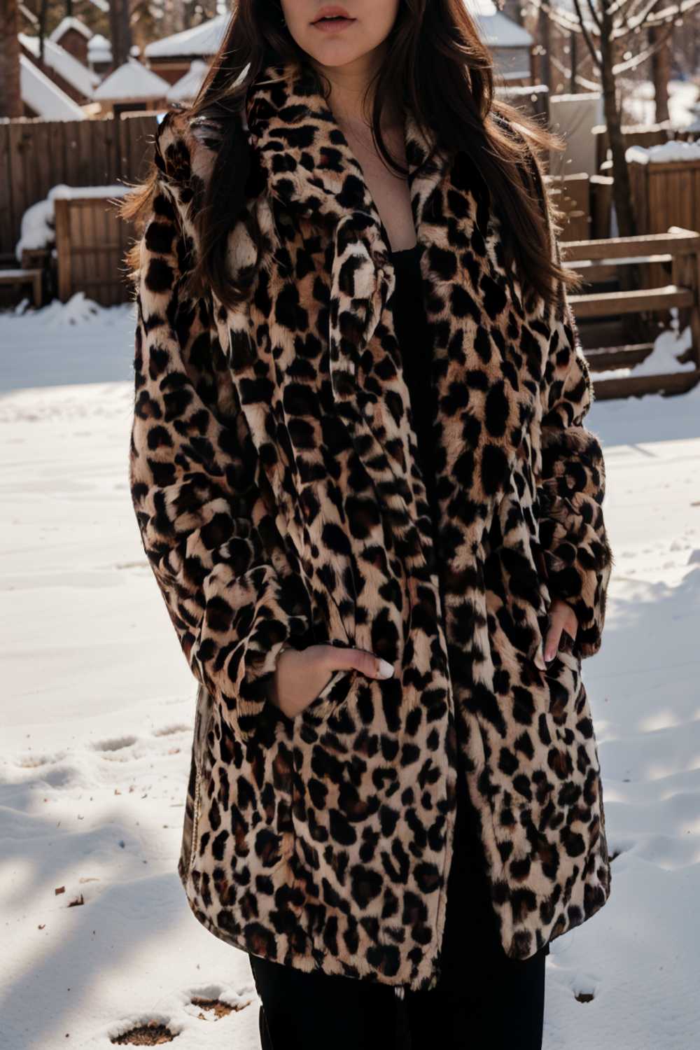 lapel leopard print faux fur long sleeve midi coat 122828