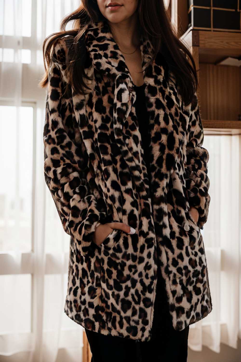lapel leopard print faux fur long sleeve midi coat 109930